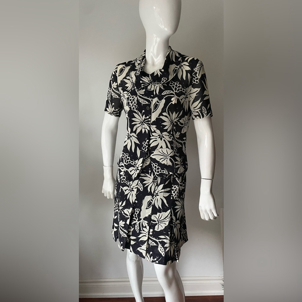 Lautréamont Black & Ivory Floral 2-Piece Set Button-Down Shirt + Tulip Skirt M - Picture 2 of 8